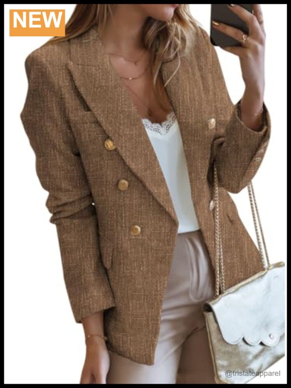 Happy Sailed Tweed Blazer Double Breasted Long Sleeve Notch Collar Business